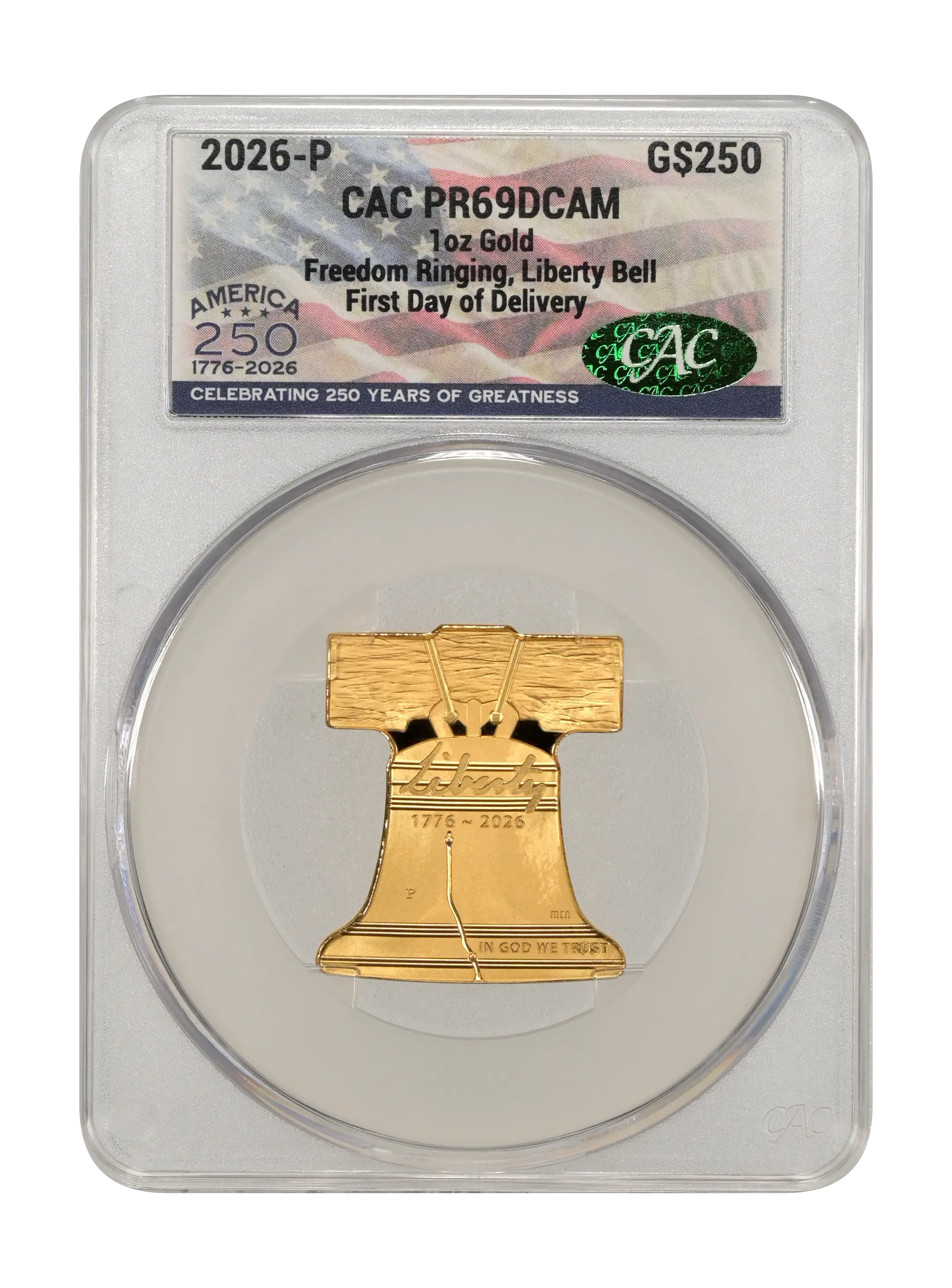 2026-P G$250 1oz Gold, Freedom Ringing, Liberty Bell PR DCAM thumbnail 5