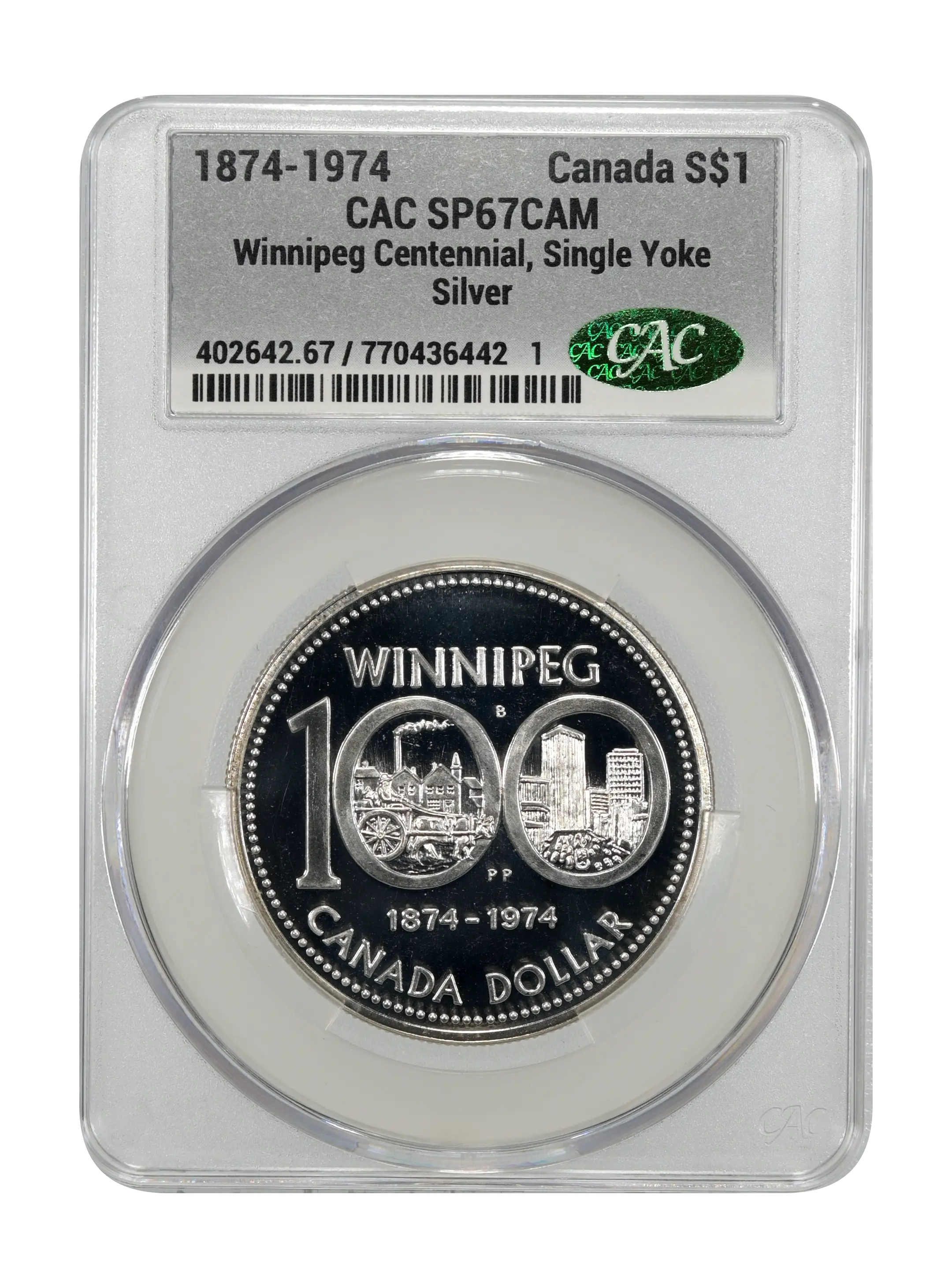 1874-1974 S$1 Silver, Winnipeg Centennial, Single Yoke SP CAM