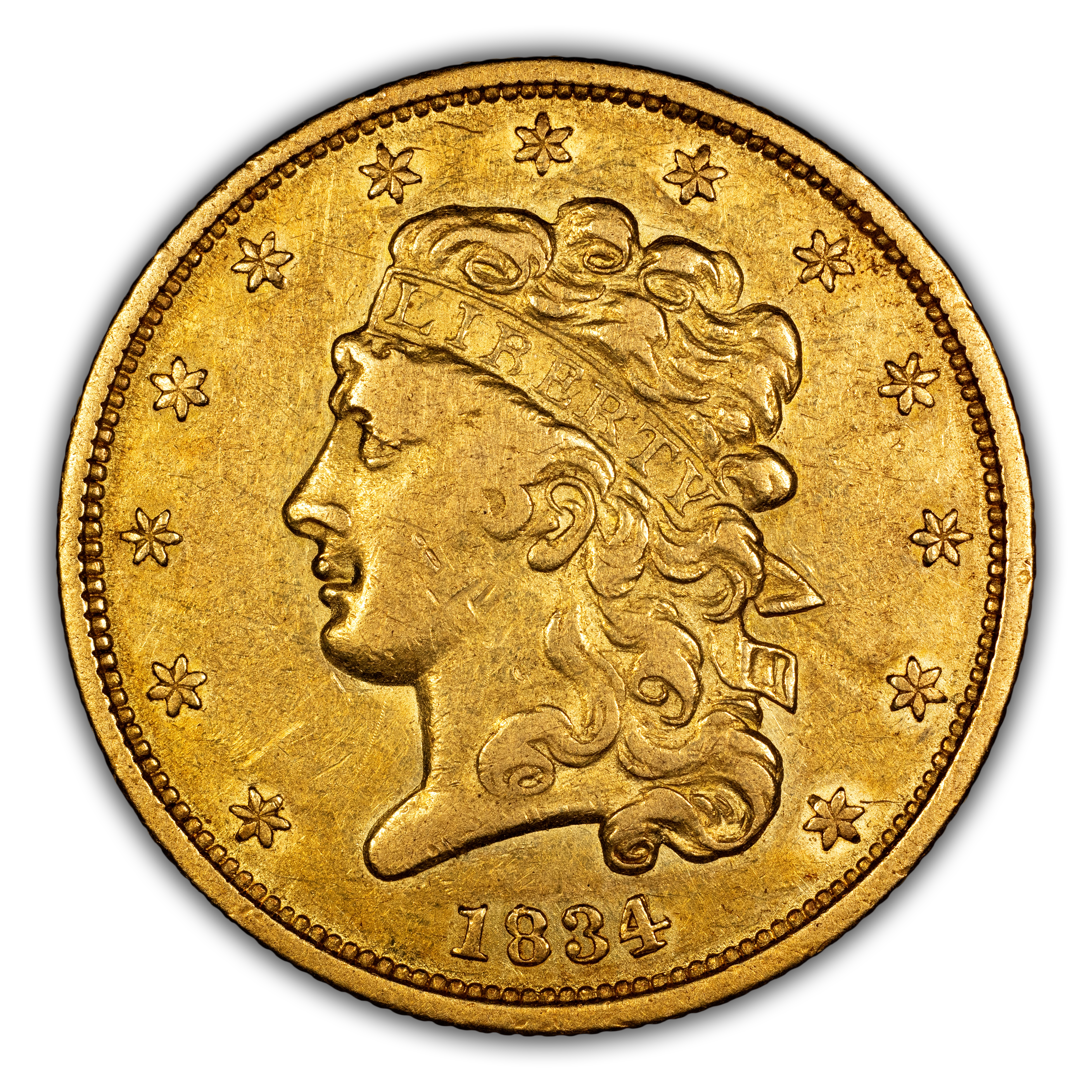 1834 $5 Classic Head, Plain 4, HM-6 MS