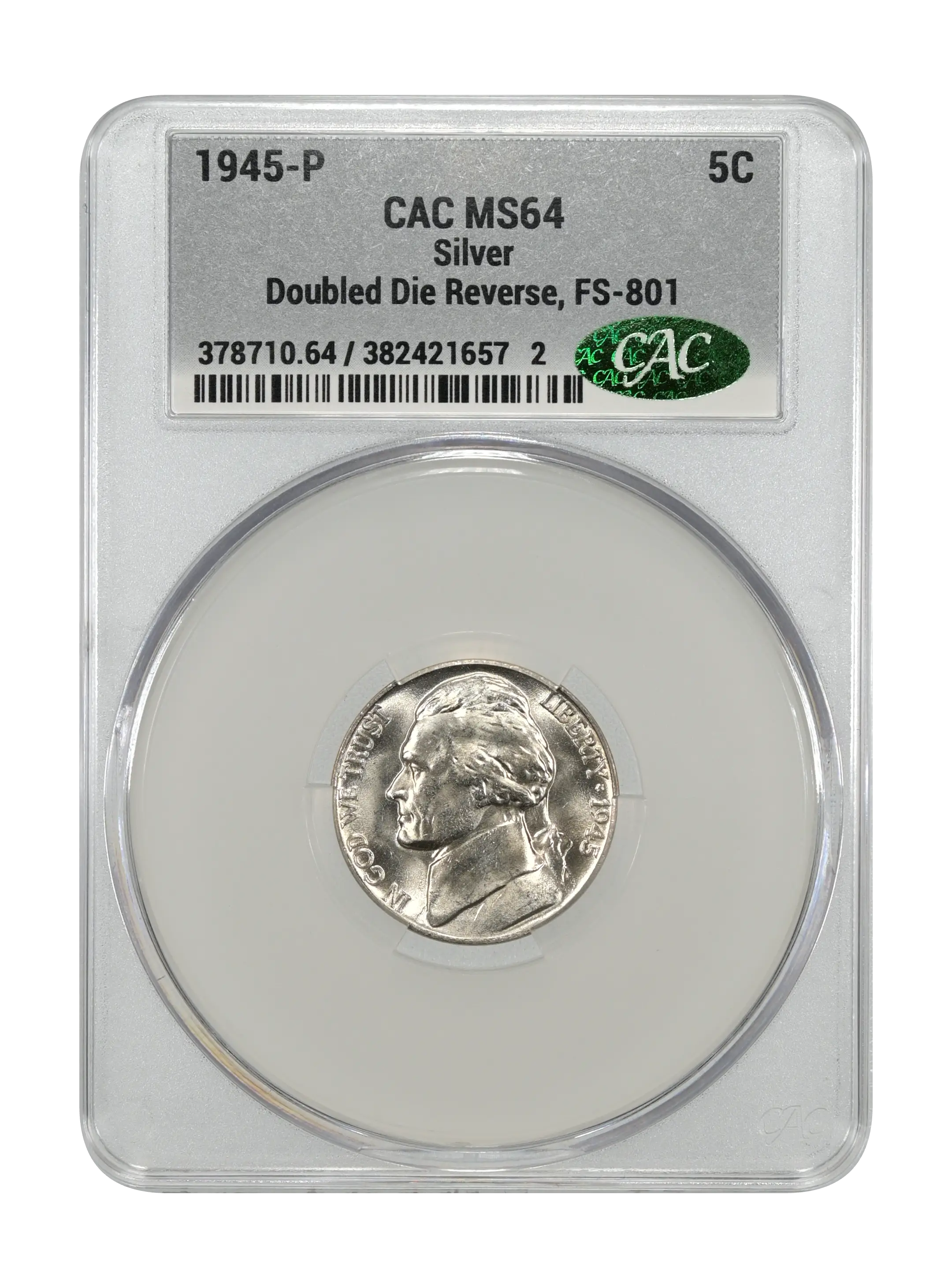 1945-P 5C Silver, Doubled Die Reverse, FS-801 MS thumbnail 5