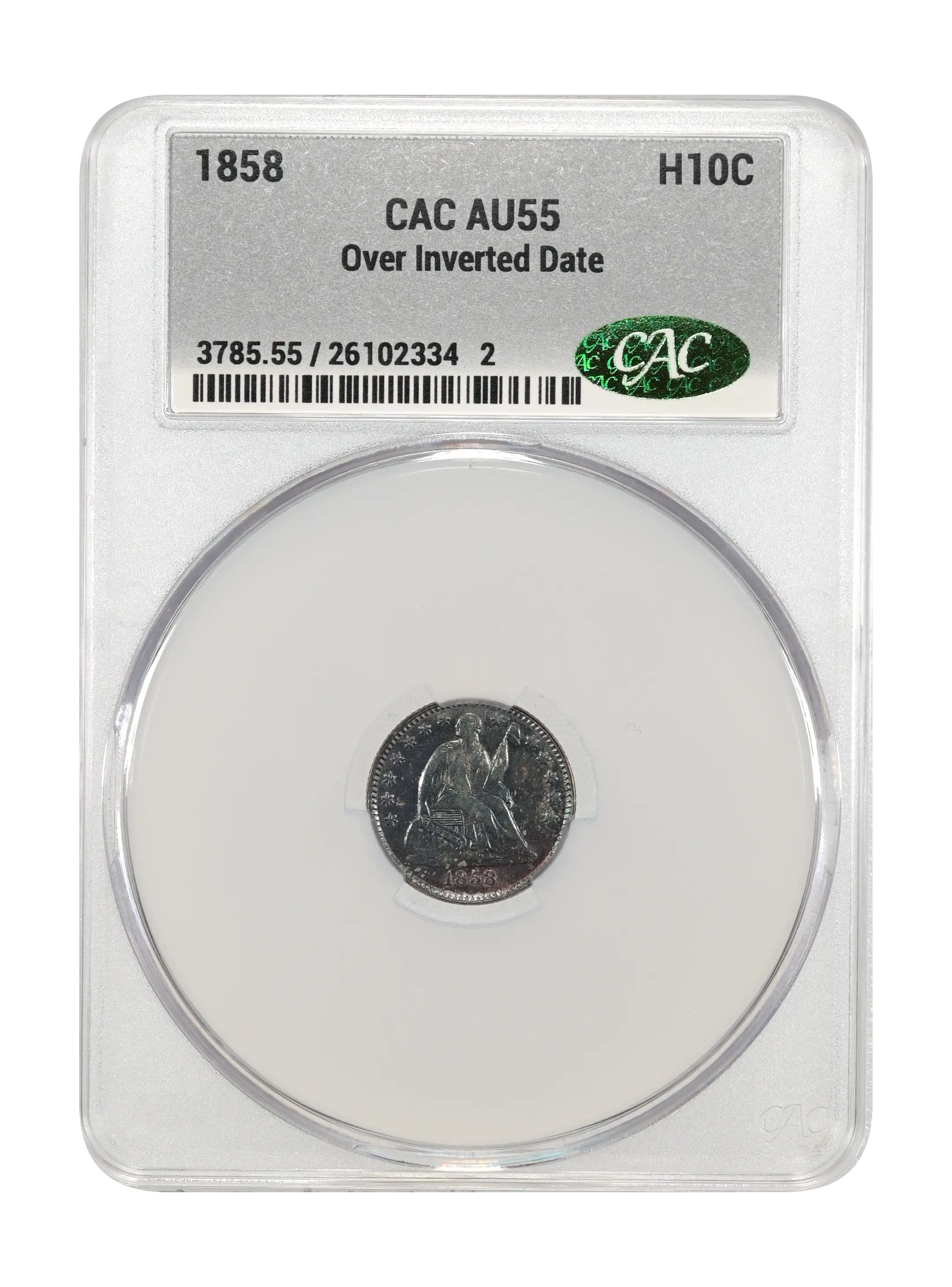 1858 H10c Over Inverted Date AU50 CAC thumbnail 23