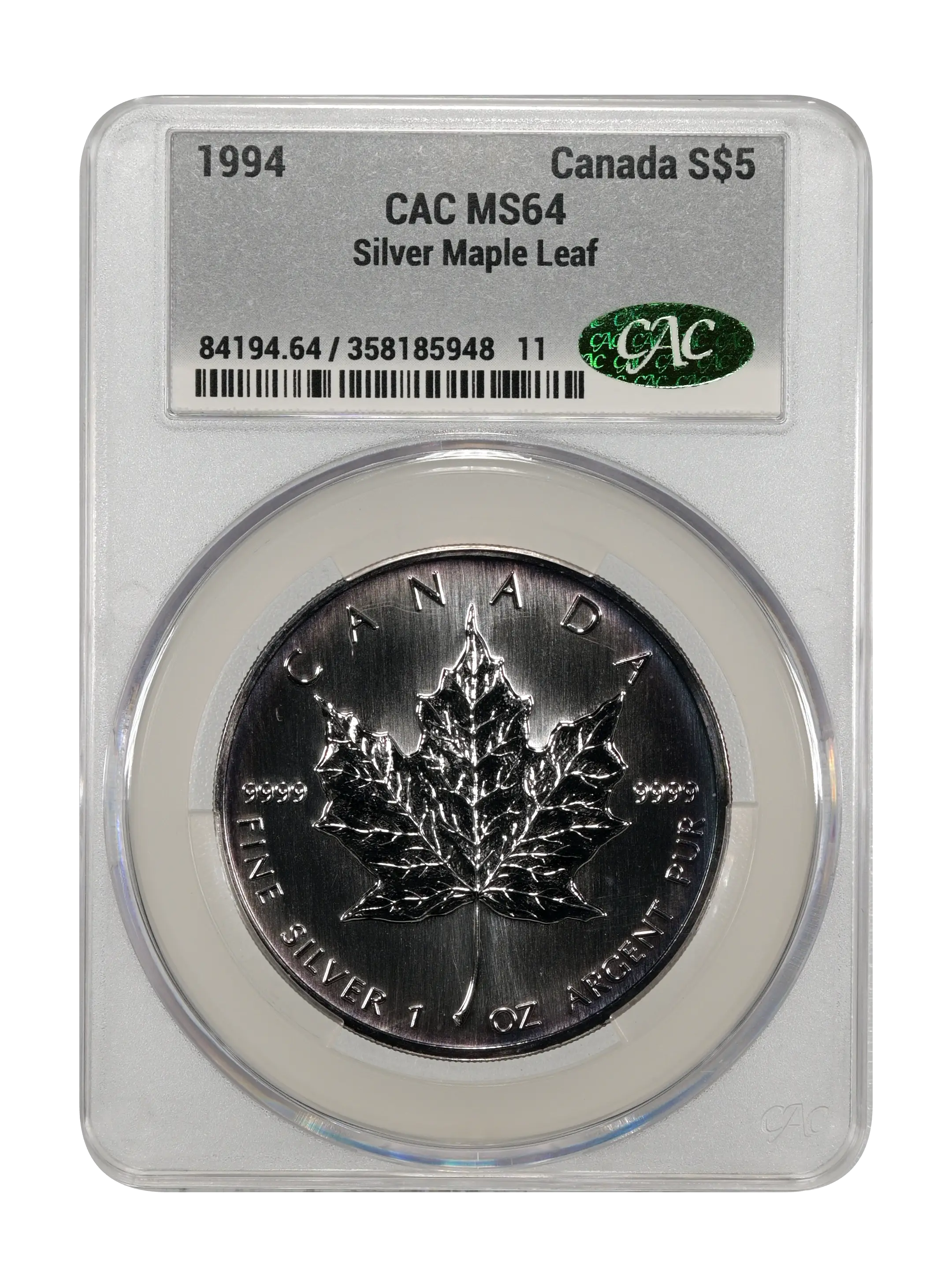 1994 S$5 1oz Silver, Maple Leaf MS