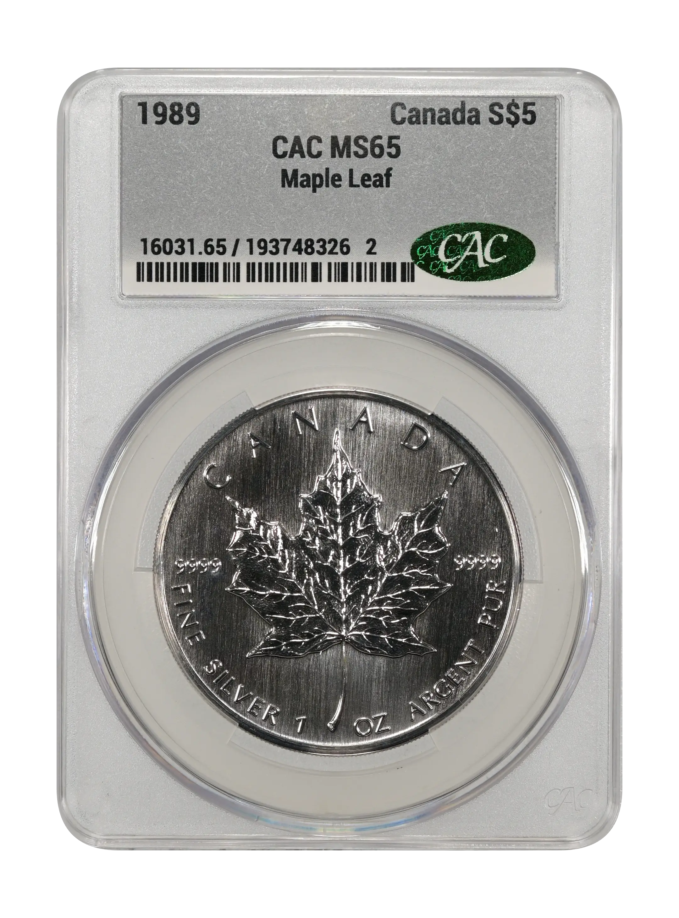 1989 S$5 1oz Silver, Maple Leaf MS thumbnail 11