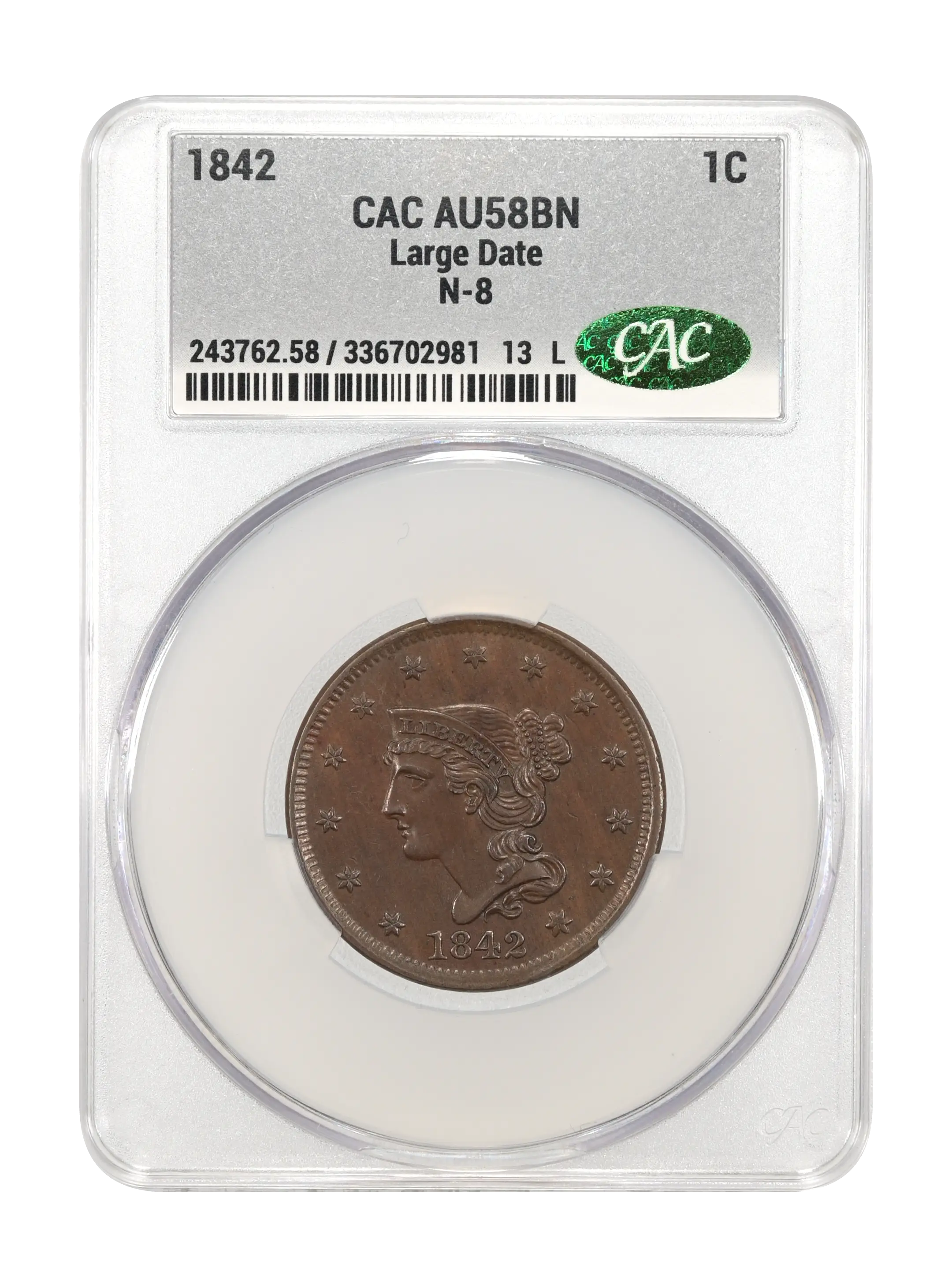 1842 1c Large Date, N-8 MS BN VF30 BN CAC thumbnail 5