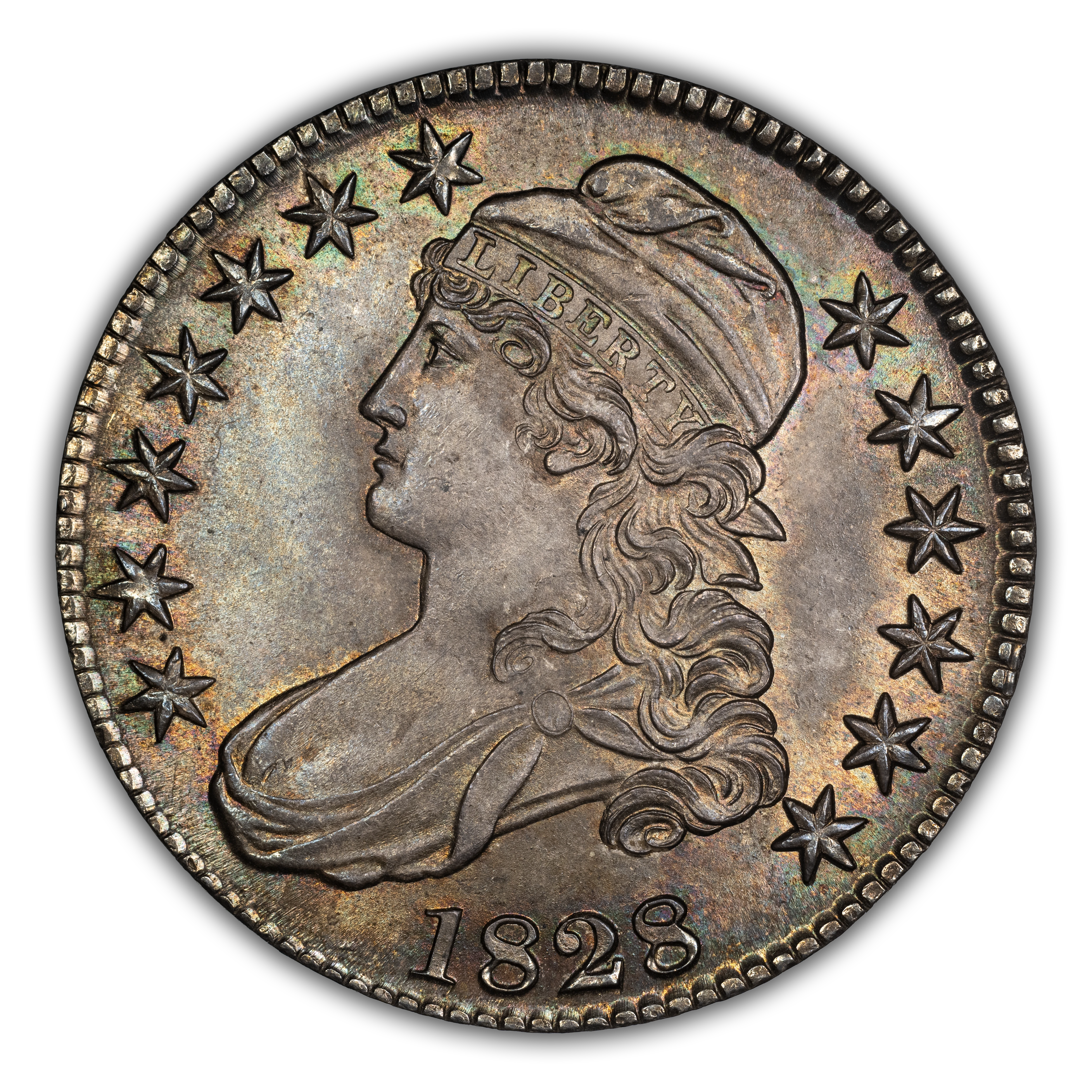 1828 50c Square Base 2, Small 8s, Large Letters VF25 CAC thumbnail 3