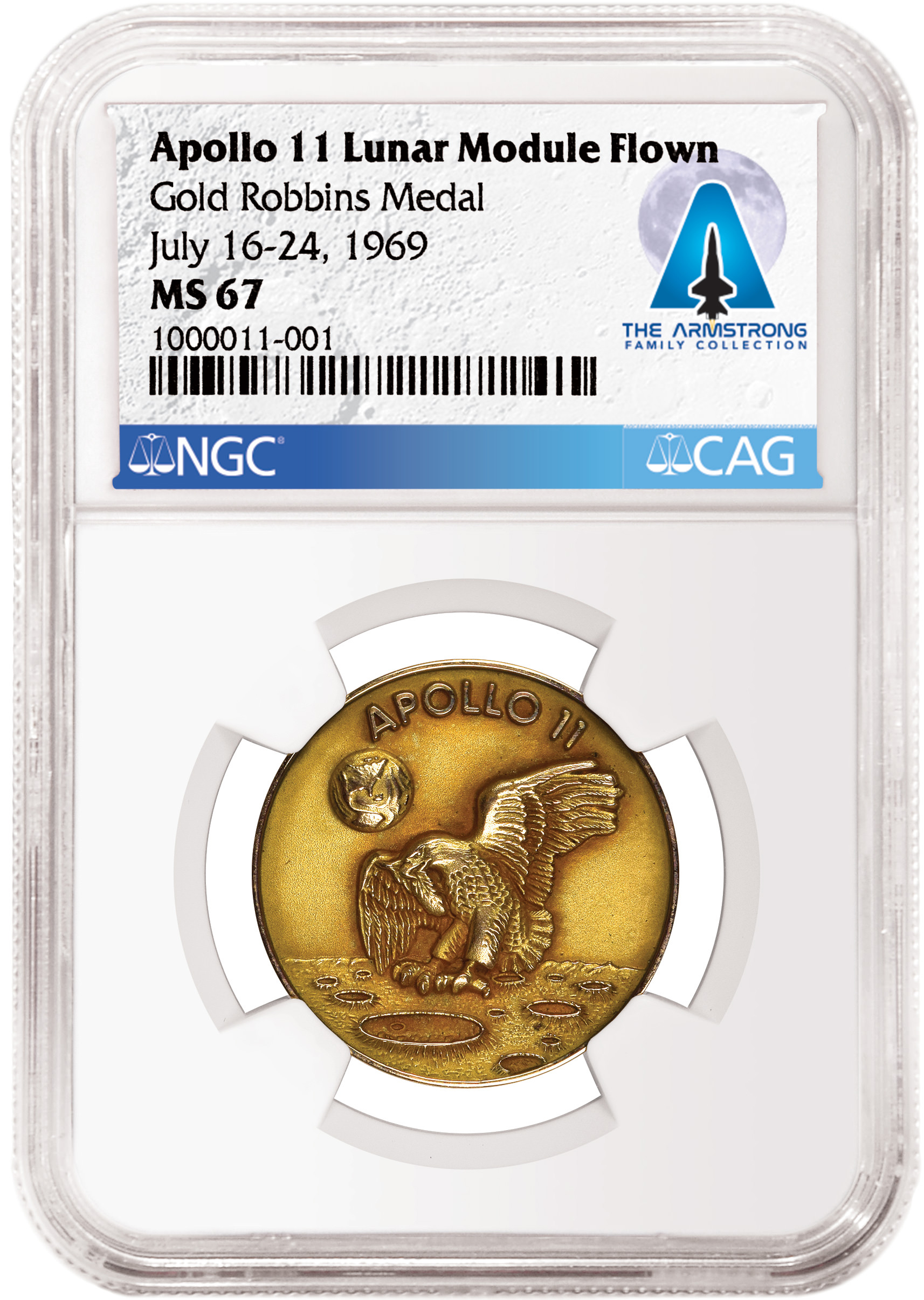 enlarged image for Press Release: Extremely Rare Apollo 11-Flown Gold Robbins Medal,  Certified by CAG and NGC,  Highlights Third Armstrong Family Collection Sale