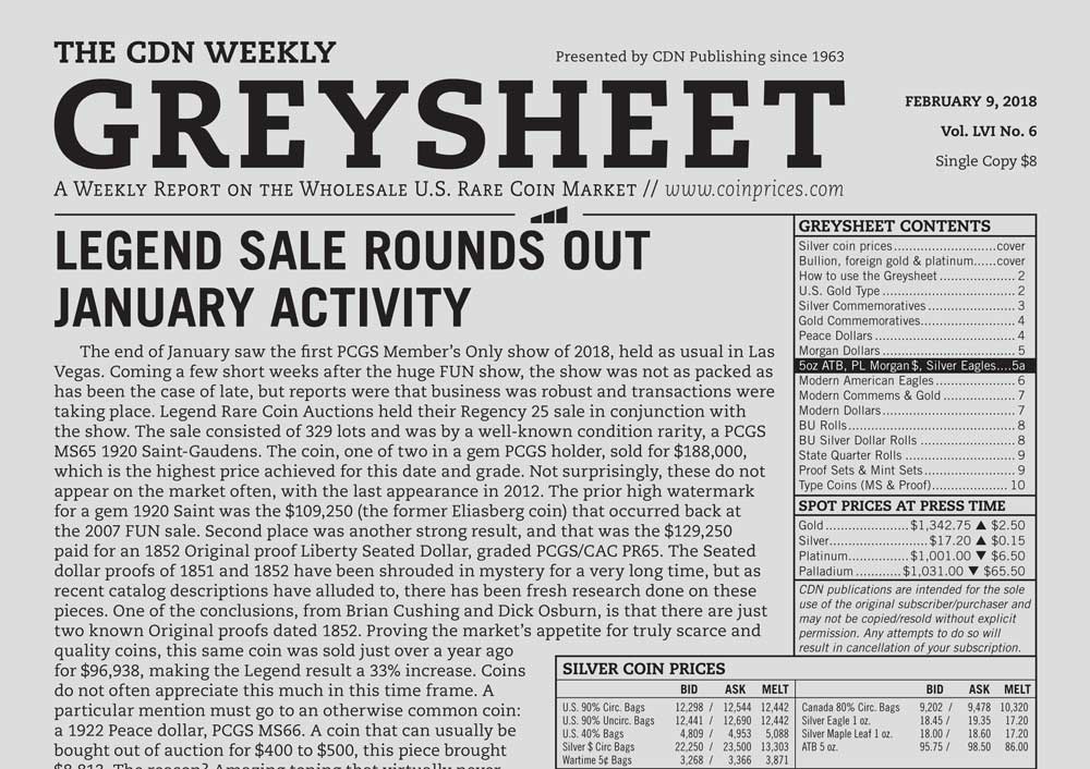 enlarged image for GREYSHEET: LEGEND SALE ROUNDS OUT JANUARY ACTIVITY