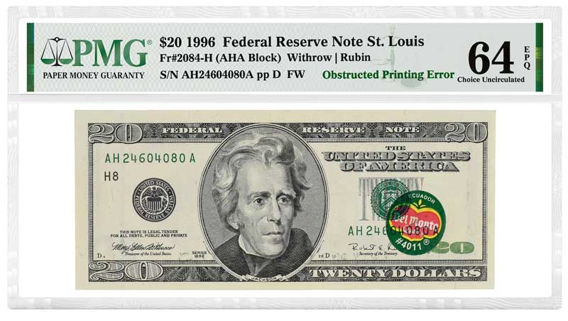 enlarged image for PMG Certifies World-Famous "Del Monte" Error Note Printed Over the Sticker of the Ubiquitous Banana Distributor