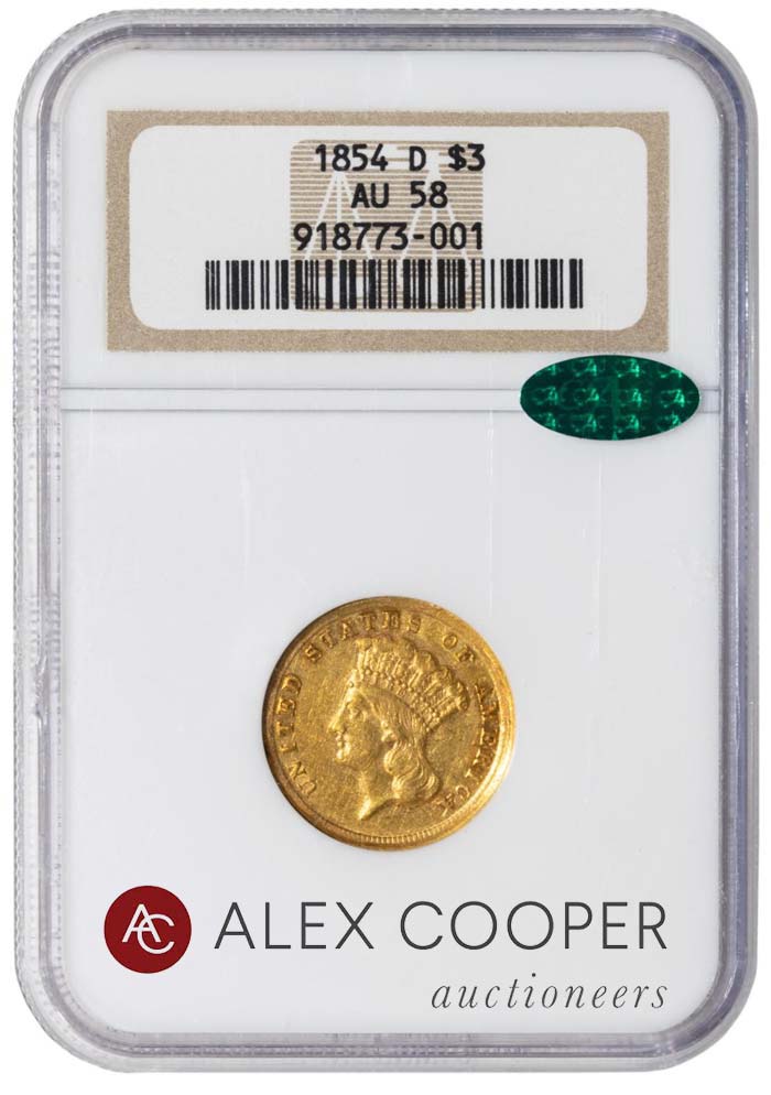 This $3 1854-D NGC AU58 CAC was the top auction lot in the sale, realizing $84,000