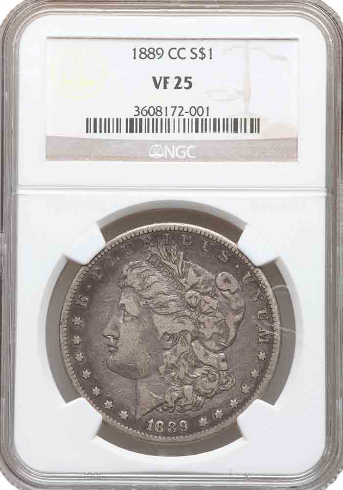 An 1889-CC Morgan Dollar Graded NGC VF25. Images courtesy of Heritage Auctions, Ha.com.