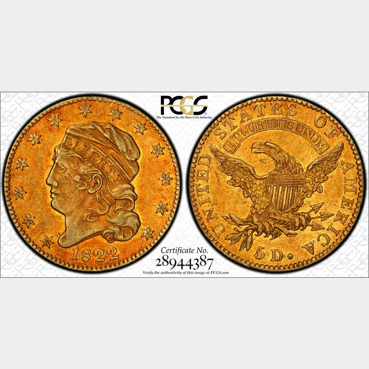 The primary highlight of the auction was the D. Brent Pogue 1822 Capped Head Left half eagle.