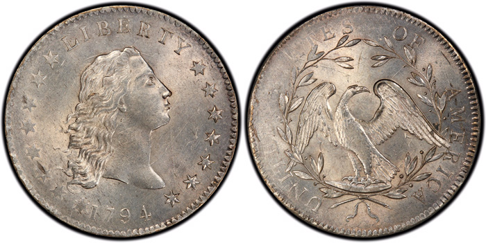 One of the finest known 1794 Flowing Hair silver dollars, PCGS MS63+ CAC, will be part of the display from private collections at the Tangible Assets booth #301.