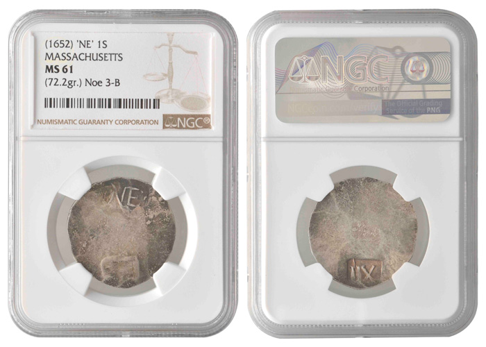 enlarged image for London auctioneers Morton & Eden sell the finest known surviving example of a 1652 New England shilling - one of the very first coins to have been struck in what is now the United States -  for an outstanding US$351,912 (£264,000)