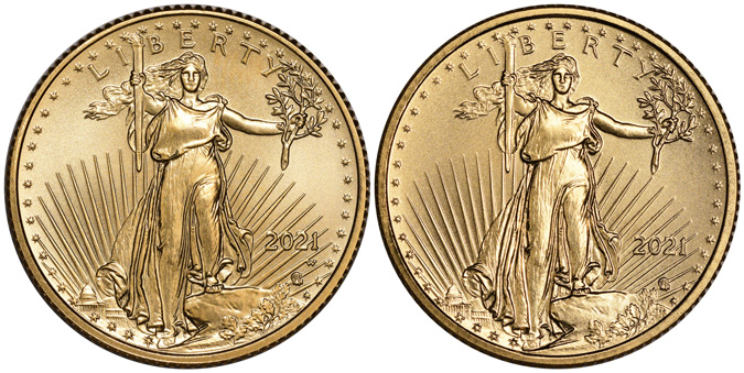 Left: The Newly Discovered 2021-W $10 Quarter-Ounce Gold Eagle Struck from Proof Dies Error / Right: The Regular 2021 $10 Quarter-Ounce Gold Eagle