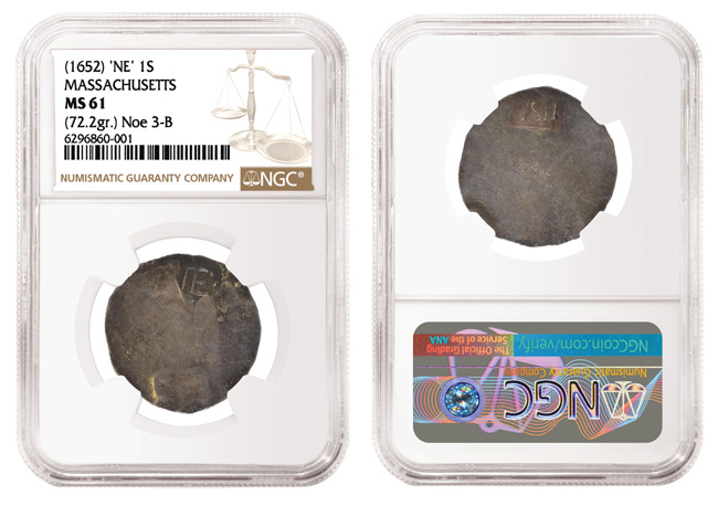 ‘NE’ Massachusetts Shilling, graded NGC MS61