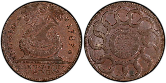 This specimen of the 1787 Fugio Cent, a variety known as United Above, States Below, is highly coveted among collectors and belongs to a popular series PCGS is reclassifying as a regular-issue coin. Courtesy of PCGS TrueView.