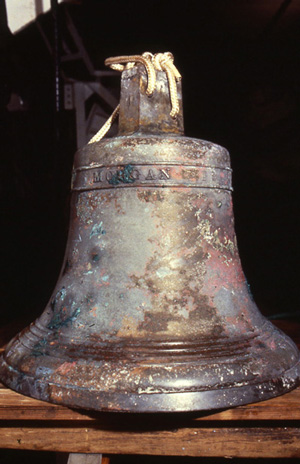 The 268-pound ship's bell from the legendary “Ship of Gold,” the SS Central America that sank in 1857, has been donated by Dwight Manley of Brea, California to the United States Naval Academy. (Photo courtesy of California Gold Marketing Group.)