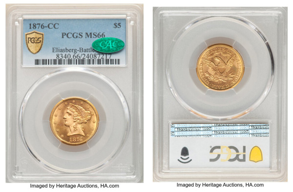 1876-CC $5, Variety 1-A, PCGS/CAC MS66
