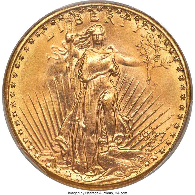 Obverse of the 1927-D $20 Saint Gaudens from the Bob R. Simpson Collection