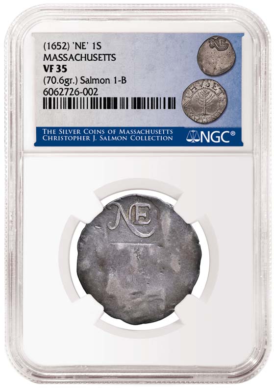 This (1652) New England Shilling graded NGC VF35 realized $204,000