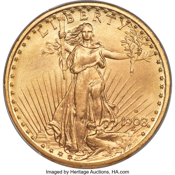This 1908-D $20 Saint Gaudens Graded PCGS MS67 Realized $132,000 at Heritage Auctions Monday Evening