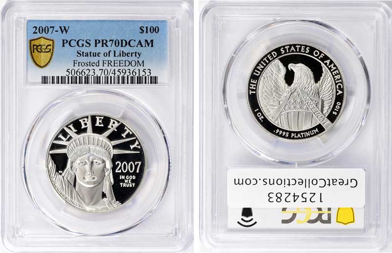 2007 $100 One-Ounce Platinum Eagle Frosted “FREEDOM” Graded PCGS PR70 DCAM