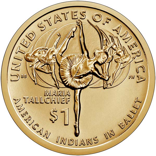 The reverse side of the 2023 Native American $1 Coin featuring Maria Tallchief