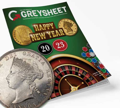 Canadian Victoria Quarter atop the January 2023 Greysheet Magazine