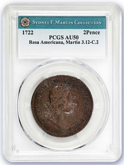 1722 Rosa Americana 2Pence graded PCGS AU50