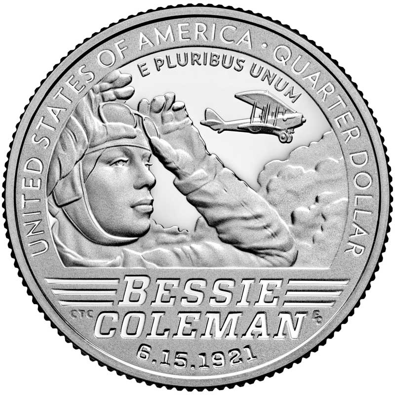 Reverse side of the 2023 Bessie Coleman Quarter 