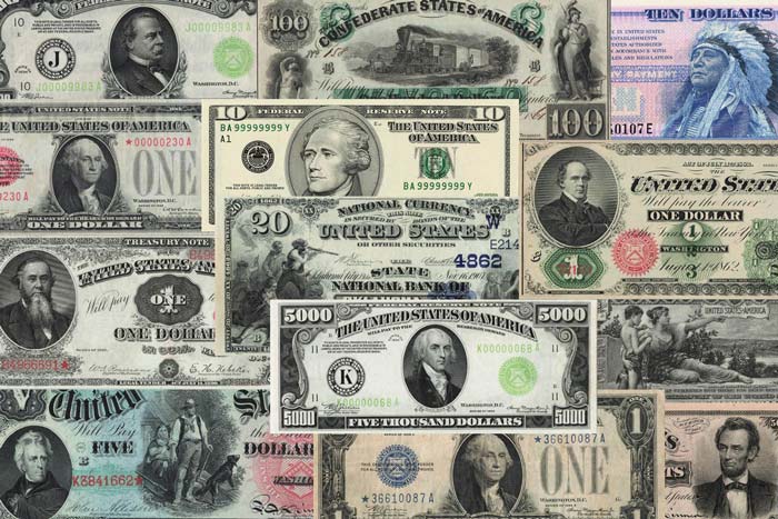 Collage of U.S. Bank Notes Offered in World Banknote Auctions US Currency Sale 1
