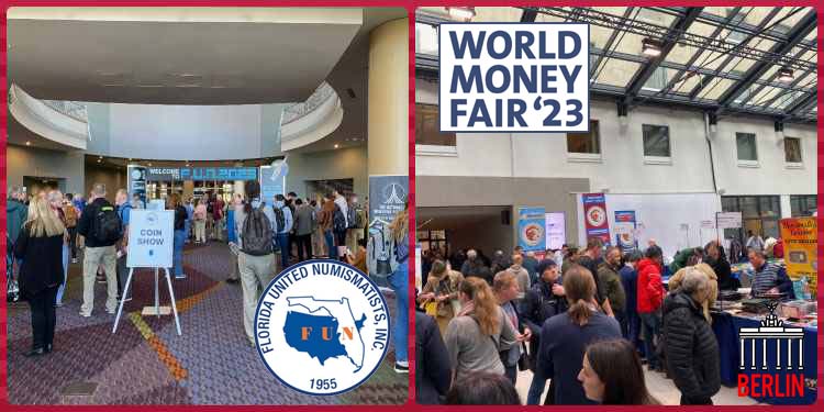 Collectors line up to gain entrance to the 2023 FUN & World Money Fair Shows in Orlando and Berlin, respectively.