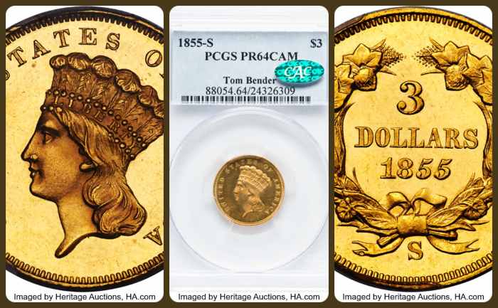 enlarged image for Record-Setting 1855-S Three Dollar Gold Coin Leads Heritage’s Long Beach Expo US Coins Auction Above $14.5 Million