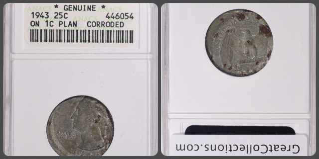 enlarged image for 1943 Quarter Struck on Steel Cent Planchet in GreatCollections March Auction
