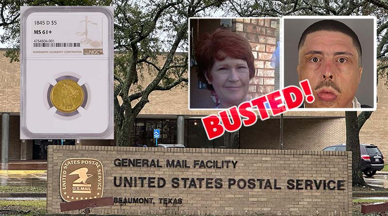 Suspects Christopher Jude Rosas and his mother, Pamela Jo Rosas, pictured with the Beaumont Post Office and one of the stolen coins. The pair have been charged with postal theft and the selling of stolen coins.