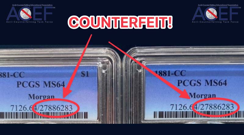 A closeup of matching cert numbers in counterfeit holders on counterfeit 1881-CC Morgan dollars. (Photo credit: Donn Pearlman.)