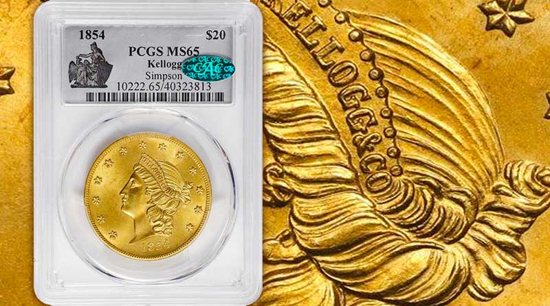 This 1854 privately minted by the Kellogg & Co. $20 graded MS-65 (PCGS) CAC sold for $552,000