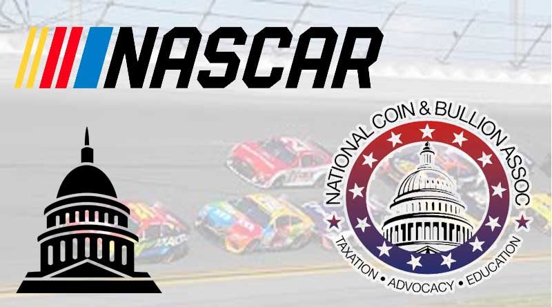 NASCAR and National Coin & Bullion Association logos. All copyrights implied.
