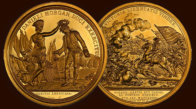 The unique Daniel Morgan at Cowpens gold medal now on display at the Museum of the American Revolution in Philadelphia. (Photos courtesy of Stack’s Bowers Galleries.)