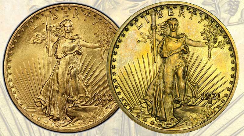 The unique Experimental Finish 1910 & 1921 Saint Gaudens Double Eagles will be displayed by Brian Hendelson of Classic Coin Company at the ANA 2023 Pittsburgh World’s Fair of Money®. (Source photos courtesy of Professional Coin Grading Service.)