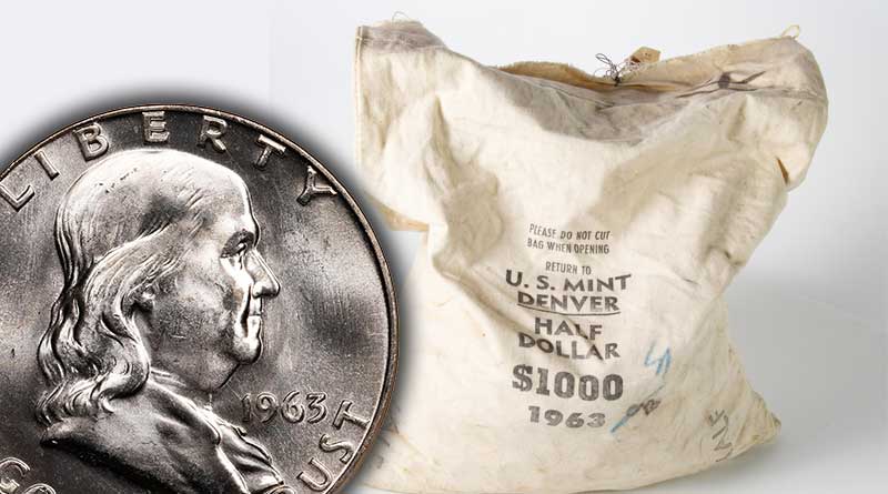 Owned by an elderly Oklahoma woman, this still-sealed canvas bag of 2,000 silver half-dollars struck at the Denver Mint in 1963 is expected to sell for $100,000 or more in an auction conducted by Rare Collectibles TV on July 27, 2023. Photo credit: Rare Collectibles TV.