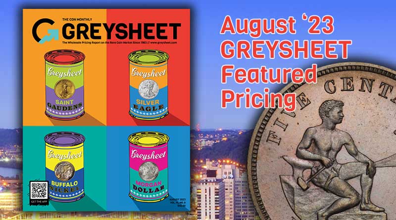 Philippine 5 Centavos positioned below the August 2023 Greysheet Magazine