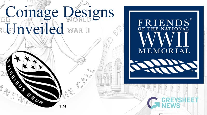 A sketch of the proposed design for the silver one dollar coin commemorating the National WWII Memorial