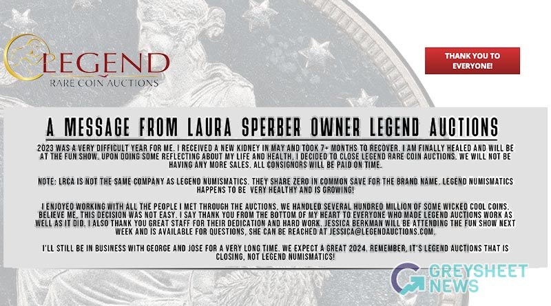 Legend Rare Coin Auctions Ceases Operations