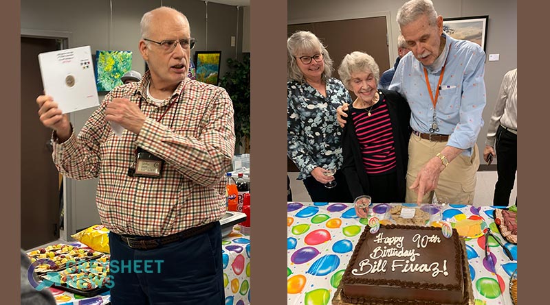 (l) John Phipps presents a surprise to Bill Fivaz, a specially labeled wooden nickel holder commemorating the occasion; (r) Bill Fivaz beams with delight as he admires his birthday cake, exclaiming, 'Hey, the baker spelled my last name correctly!' A sweet moment captured during the celebration of Bill's 90th birthday. (Photos by David Crenshaw and Richard Jozefiak, respectively)