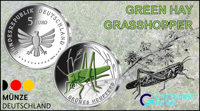 The coins include a vivid colour design of the Green Hay Grasshopper