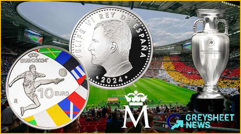 The reverse of this collector coin features colour images of several flags of UEFA's football teams.