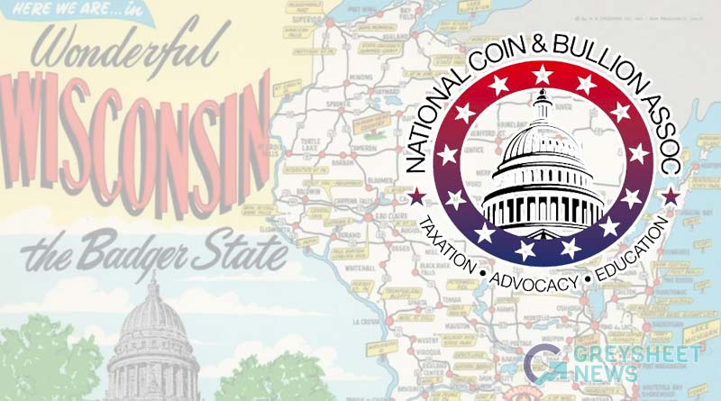 National Coin & Bullion Association logo atop Wisconsin postcard