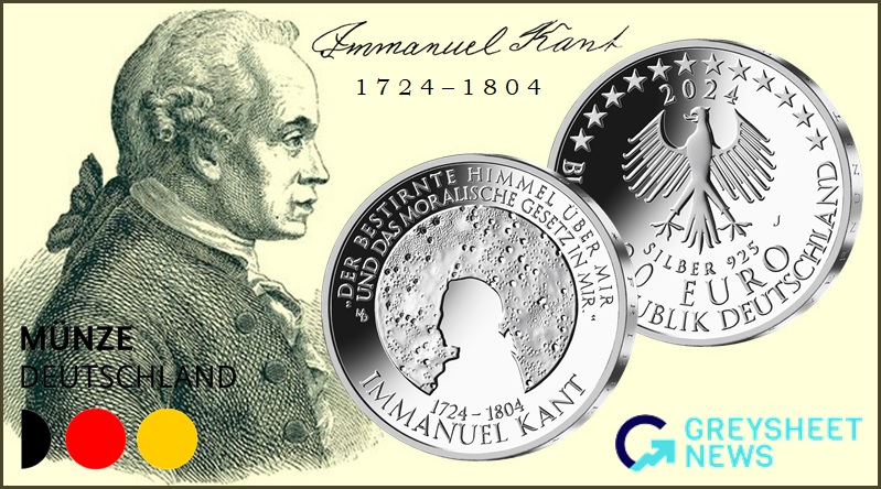 Philosopher Immanuel Kant is featured in silhouette on the coin's obverse.