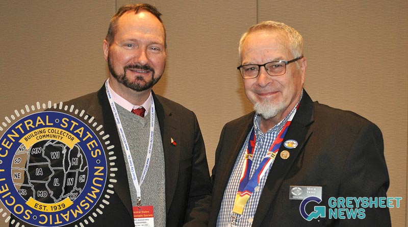Dennis Tucker (left) received the CSNS 2024 Q. David Bowers Award from CSNS President Mitch Ernst. (Photo credit: Barbara Gregory.)